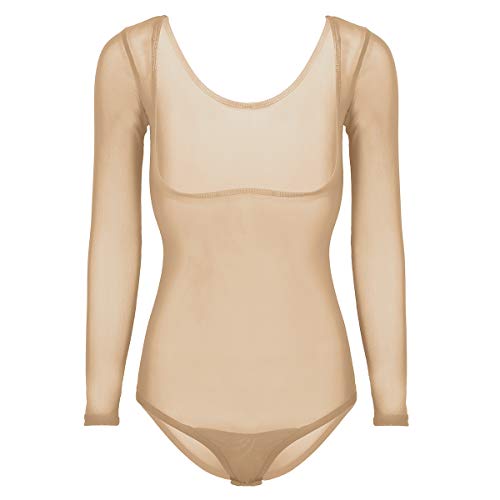 dPois Leotardo Manga Larga de Malla para Mujeres de Danza Maillot Gimnasia Rítmica Body Transparente Bodysuit Corte Alto Elático Dance Body Maillot Ballet Beige One Size