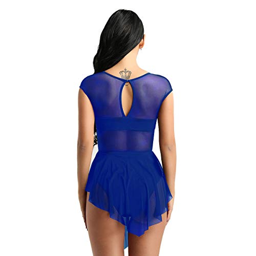 dPois Maillot de Ballet Danza Baile Vestido para Mujer Leotardo Gimnasia Clásico Body Manga Corta Falda Irregular Traje Adulto Ropa de Baile Moderno para Fiesta Actuación Azul XS