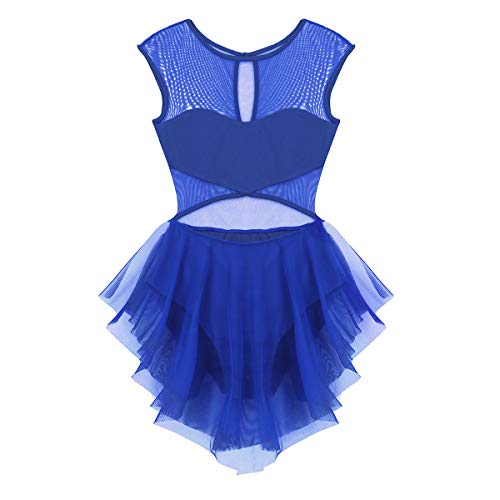 dPois Maillot de Ballet Danza Baile Vestido para Mujer Leotardo Gimnasia Clásico Body Manga Corta Falda Irregular Traje Adulto Ropa de Baile Moderno para Fiesta Actuación Azul XS