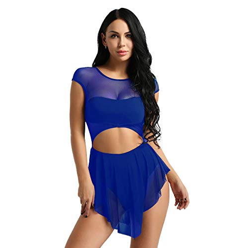 dPois Maillot de Ballet Danza Baile Vestido para Mujer Leotardo Gimnasia Clásico Body Manga Corta Falda Irregular Traje Adulto Ropa de Baile Moderno para Fiesta Actuación Azul XS