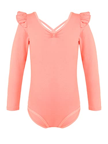 dPois Maillot de Ballet para Niña Maillot Leotardos de Gimnasia Rítmica Manga Larga con Volantes Ropa de Danza Pantinaje Body Yoga Fitness Niñas Naranja 7-8 años