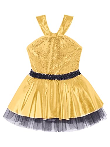 dPois Maillot Patinaje Artistico para Niña Vestido Ballet de Lentejuelas sin Mangas Disfraz Bailarina Maillot Gimnasia Yoga Body Vestido de Danza Princesa Niña Dorado 4 años