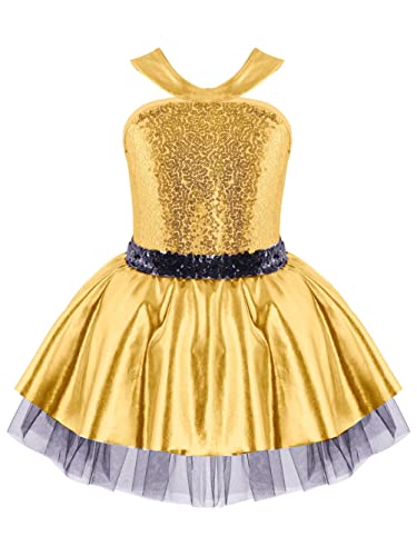 dPois Maillot Patinaje Artistico para Niña Vestido Ballet de Lentejuelas sin Mangas Disfraz Bailarina Maillot Gimnasia Yoga Body Vestido de Danza Princesa Niña Dorado 4 años