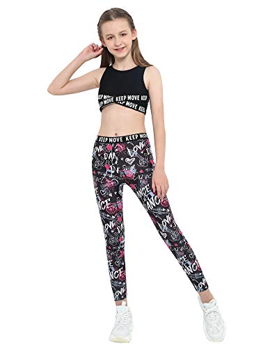 dPois Ropa Deportiva Niñas Chandales Estampados Crop Top Corto y Pantalones Leggings Deporte Chicas Chalecos Deportivos Danza Conjuntos Gym Yoga Fitness Balck y Rosa Rojo 9-10 años