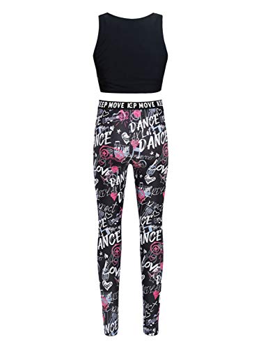 dPois Ropa Deportiva Niñas Chandales Estampados Crop Top Corto y Pantalones Leggings Deporte Chicas Chalecos Deportivos Danza Conjuntos Gym Yoga Fitness Balck y Rosa Rojo 9-10 años