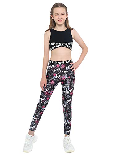 dPois Ropa Deportiva Niñas Chandales Estampados Crop Top Corto y Pantalones Leggings Deporte Chicas Chalecos Deportivos Danza Conjuntos Gym Yoga Fitness Balck y Rosa Rojo 9-10 años