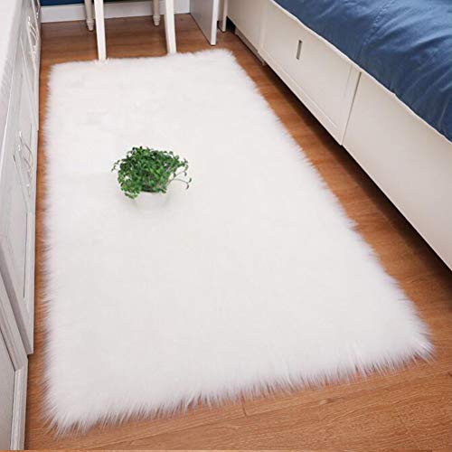 DQMEN Piel de Cordero Oveja/Sheepskin Rug Cordero, imitación mullida Alfombras imitación Piel sintética Deko Piel,para salón Dormitorio baño sofá Silla cojín (Blanco, 60 X 90cm)