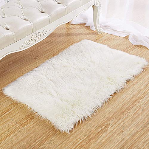 DQMEN Piel de Cordero Oveja/Sheepskin Rug Cordero, imitación mullida Alfombras imitación Piel sintética Deko Piel,para salón Dormitorio baño sofá Silla cojín (Blanco, 60 X 90cm)