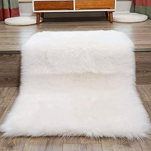 DQMEN Piel de Cordero Oveja/Sheepskin Rug Cordero, imitación mullida Alfombras imitación Piel sintética Deko Piel,para salón Dormitorio baño sofá Silla cojín (Blanco, 60 X 90cm)