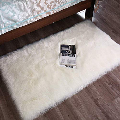 DQMEN Piel de Cordero Oveja/Sheepskin Rug Cordero, imitación mullida Alfombras imitación Piel sintética Deko Piel,para salón Dormitorio baño sofá Silla cojín (Blanco, 60 X 90cm)