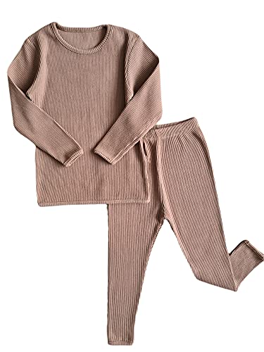 Dreambuy Conjunto Algodon Dos Piezas, Pijamas para Bebe,niñas,niños,Pantalones y Manga Larga, Trajes para Bebes, Acanalados, a Rayas, Otoños Invierno, Ropa de Abrigo(4 - 5 años, Beige)