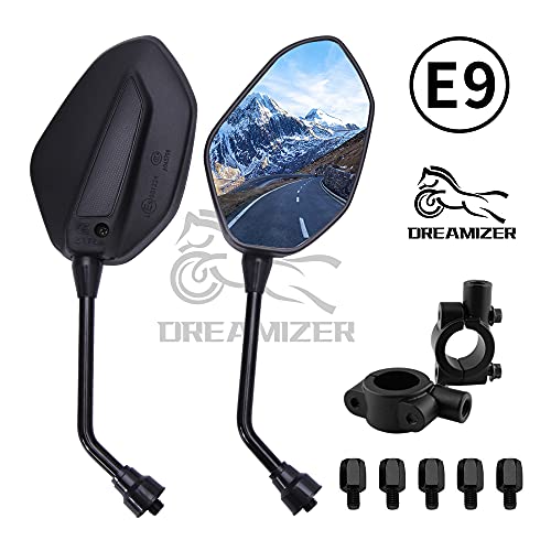 DREAMIZER Espejos de Moto con E9 Homologado, Espejos Laterales de Motocicleta Universal de 8mm 10mm con Abrazadera de Manillar de 22mm para Moto Street Bike Off Road ATV Quad Cruiser