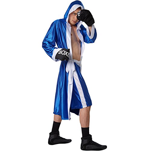 dressforfun Disfraz de Boxeador para Hombre | Pantalones Cortos con Cintura elástica | Albornoz de Boxeador con Capucha | Incl. Guantes de Boxeo y cinturón (Azul S | No. 301829)