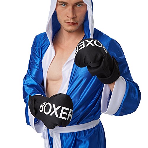 dressforfun Disfraz de Boxeador para Hombre | Pantalones Cortos con Cintura elástica | Albornoz de Boxeador con Capucha | Incl. Guantes de Boxeo y cinturón (Azul S | No. 301829)