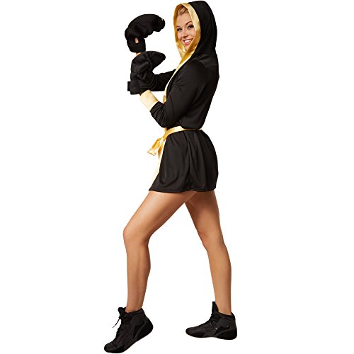 dressforfun Disfraz para Mujer Boxeadora | Disfraz de Boxeador con pantalón Corto, Top, Abrigo con Capucha, cinturón y Guantes de Boxeo (S | Oro | no. 301819)