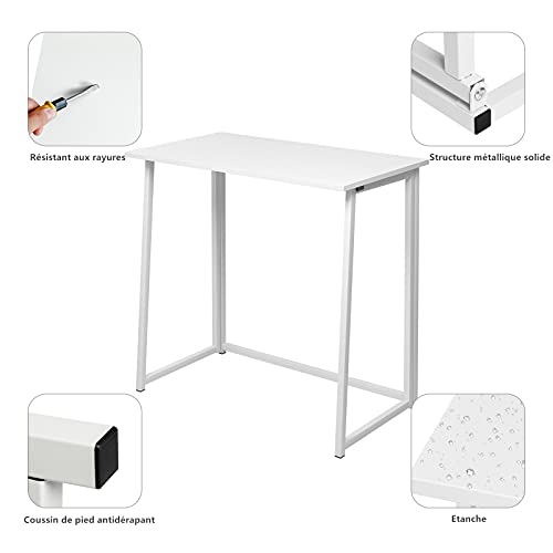 Dripex Mesa Escritorio Plegable, Mesa Ordenador, Compacto sin ensamblaje, Mesa de Estudio Plegable para Casa Oficina, Escritorio para computadora Manualidades, Mesa Blanca, 80 x 45 x 74 cm