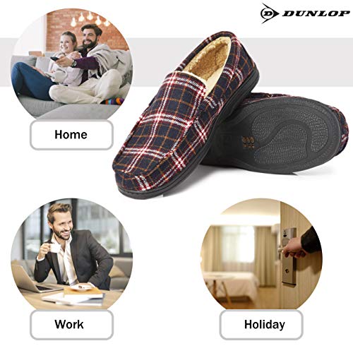 Dunlop Zapatillas Casa Hombre | Pantuflas Estilo Mocasines Cerradas | Zapatillas de Casa Invierno Calientes Suela de Goma Dura | Regalos Originales para Hombre (43, Azul Marino / Borgoña, numeric_43)