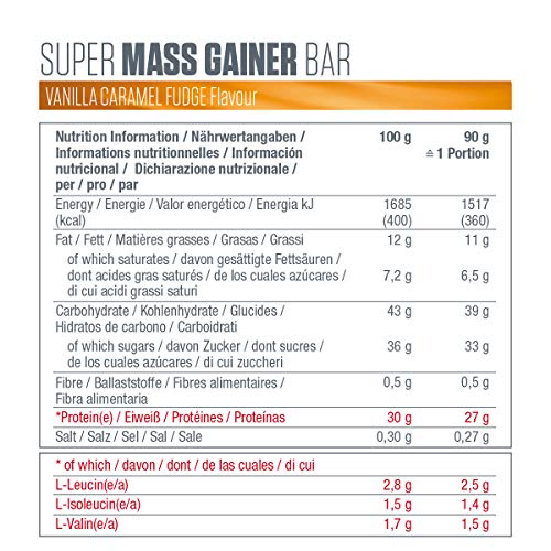 Dymatize Super Mass Gainer Bar Vanilla Caramel Fudge 10x90g - Barra de alto Peso Proteínico + Suero y Proteína de Caseína