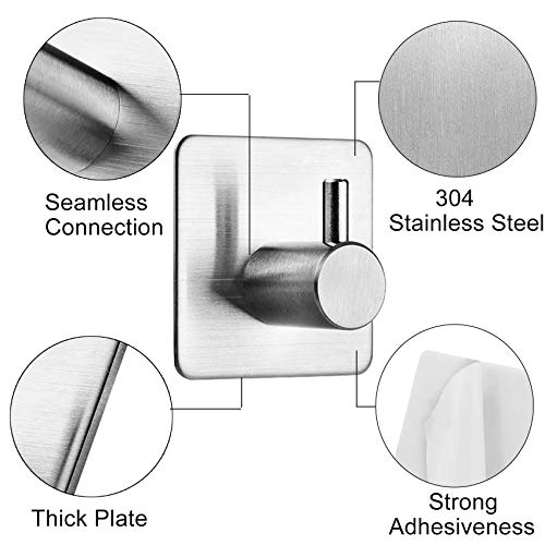 EasyULT 6 Piezas Ganchos Adhesivos, Acero Inoxidable 304, Gancho para Toallas para Baño y Cocina, Sin Taladro Gancho, Ultra Fuerte Adhesivo(Plata)