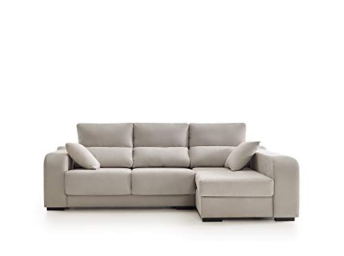 ECCOX - Sofá Chaise Longue Zafiro de 3 Plazas - Asientos Deslizantes, Cabeceros Reclinables y Arcón de Almacenaje - Chaiselonge Derecha Tapizado en Tela Antimanchas - Color Beige