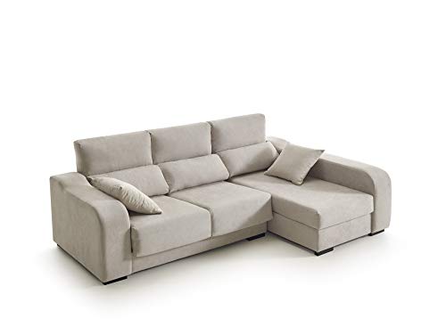 ECCOX - Sofá Chaise Longue Zafiro de 3 Plazas - Asientos Deslizantes, Cabeceros Reclinables y Arcón de Almacenaje - Chaiselonge Derecha Tapizado en Tela Antimanchas - Color Beige