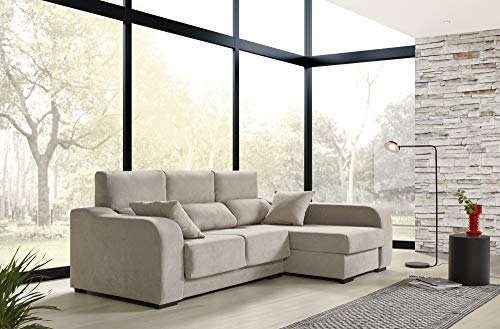 ECCOX - Sofá Chaise Longue Zafiro de 3 Plazas - Asientos Deslizantes, Cabeceros Reclinables y Arcón de Almacenaje - Chaiselonge Derecha Tapizado en Tela Antimanchas - Color Beige