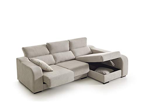 ECCOX - Sofá Chaise Longue Zafiro de 3 Plazas - Asientos Deslizantes, Cabeceros Reclinables y Arcón de Almacenaje - Chaiselonge Derecha Tapizado en Tela Antimanchas - Color Beige