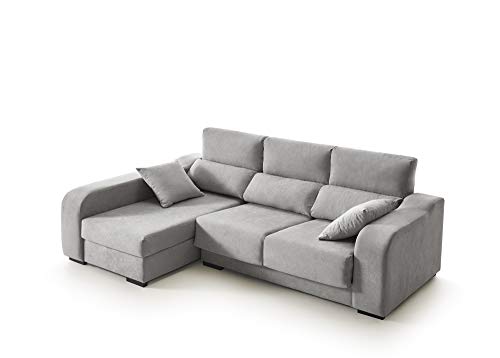 ECCOX - Sofá Chaise Longue Zafiro de 3 Plazas - Asientos Deslizantes, Cabeceros Reclinables y Arcón de Almacenaje - Chaiselonge Izquierda Tapizado en Tela Antimanchas - Color Gris