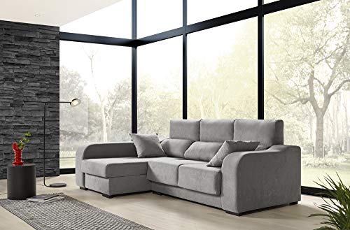 ECCOX - Sofá Chaise Longue Zafiro de 3 Plazas - Asientos Deslizantes, Cabeceros Reclinables y Arcón de Almacenaje - Chaiselonge Izquierda Tapizado en Tela Antimanchas - Color Gris