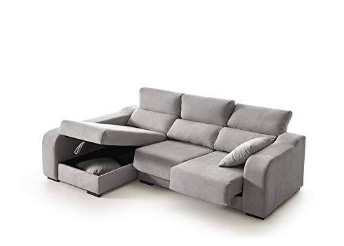 ECCOX - Sofá Chaise Longue Zafiro de 3 Plazas - Asientos Deslizantes, Cabeceros Reclinables y Arcón de Almacenaje - Chaiselonge Izquierda Tapizado en Tela Antimanchas - Color Gris