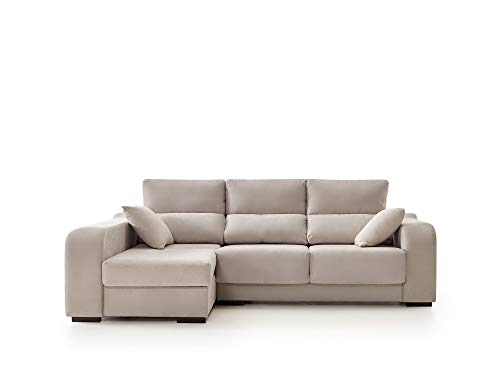 ECCOX - Sofá Chaise Longue Zafiro de 3 Plazas - Asientos Deslizantes, Cabeceros Reclinables y Arcón de Almacenaje - Chaiselonge Izquierda Tapizado en Tela Antimanchas - Color Beige