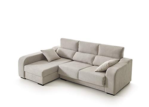 ECCOX - Sofá Chaise Longue Zafiro de 3 Plazas - Asientos Deslizantes, Cabeceros Reclinables y Arcón de Almacenaje - Chaiselonge Izquierda Tapizado en Tela Antimanchas - Color Beige