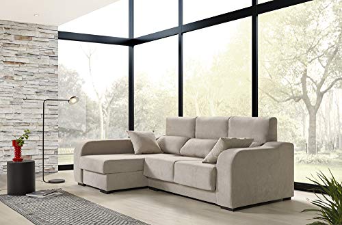 ECCOX - Sofá Chaise Longue Zafiro de 3 Plazas - Asientos Deslizantes, Cabeceros Reclinables y Arcón de Almacenaje - Chaiselonge Izquierda Tapizado en Tela Antimanchas - Color Beige