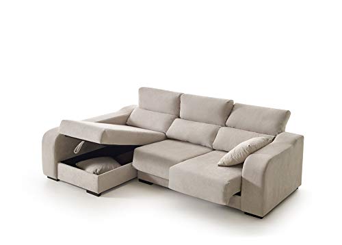 ECCOX - Sofá Chaise Longue Zafiro de 3 Plazas - Asientos Deslizantes, Cabeceros Reclinables y Arcón de Almacenaje - Chaiselonge Izquierda Tapizado en Tela Antimanchas - Color Beige