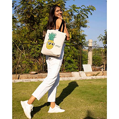 Eco Right Bolsa de lona para mujer, bolsa de hombro de algodón orgánico, bolsa de compras reutilizable para comestibles, bolsas de regalo, bolsa de libros, bolsa de viaje, Piña de manzana fina