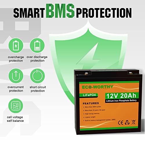 ECO-WORTHY 12V 20Ah Batería Recargable de fosfato de Litio y Hierro LiFePO4 con más de 3000 Veces de Ciclo Profundo y protección BMS para Kit de Panel Solar, Scooter, RV, Marino, hogar, Scooter