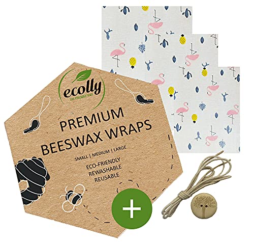 ecolly Toallitas de cera de abejas - Juego de 3 (S, M, L), Papel de cera de abejas, Premium Beeswax Wraps, Sin plástico y reutilizable, sin aceite de jojoba - Tropical