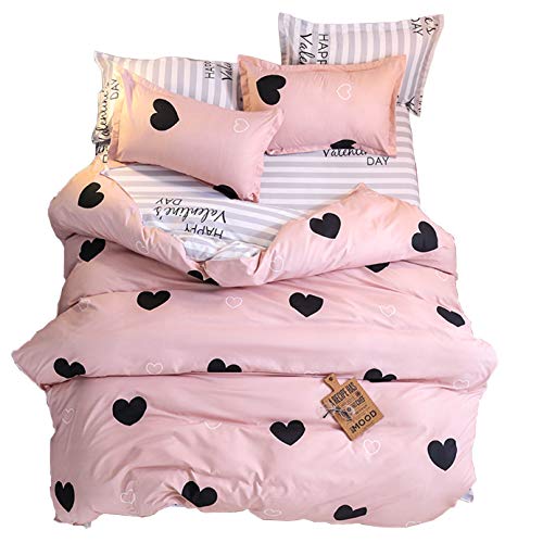 ED-Lumos Juego de Ropa de Cama Microfibra ４Piezas para Cama 105cm Funda nórdica 180x220cm Sábana encimera 230x230cm Funda de Almohada 48x74cm Poliéster Color melocotón con Corazón Negro