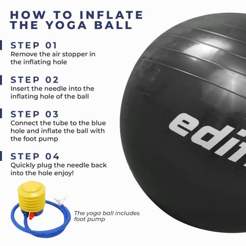 Edifit, Pelota de Pilates, Yoga Accesorios, Fitness, Varios Tamaños, Pequeño, Mediano, Grande, Ejercicio en Casa (55cm, Negro)