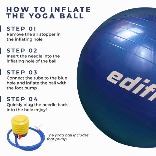 Edifit, Pelota de Pilates, Yoga Accesorios, Fitness, Varios Tamaños, Pequeño, Mediano, Grande, Ejercicio en Casa (65cm, Azul)