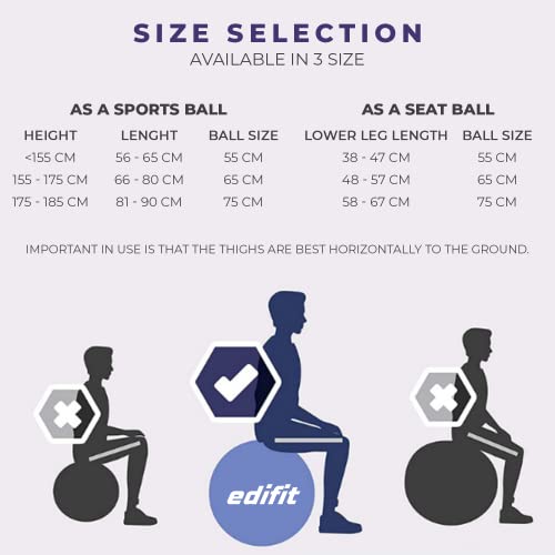 Edifit, Pelota de Pilates, Yoga Accesorios, Fitness, Varios Tamaños, Pequeño, Mediano, Grande, Ejercicio en Casa (65cm, Azul)