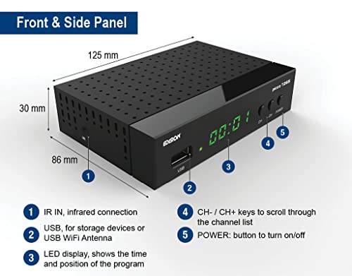 EDISION Picco T265 Full HD TDT H265 HEVC Receptor FTA T2, 1 x DVB-T2, USB, HDMI, SCART, S/PDIF, IR Ojo, USB WiFi Support, 2 en 1, Color Negro Sin HDMI Negro