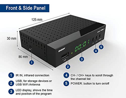 Edision Picco T265+ Receptor Terrestre TDT DVB-T2 y por Cable DVB-C, H265 HEVC FTA Full HD PVR, USB, HDMI, SCART, S/PDIF, Sensor IR, Soporte USB WiFi, Mando a Distancia Universal 2en1