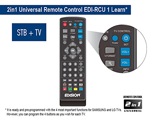 Edision Picco T265+ Receptor Terrestre TDT DVB-T2 y por Cable DVB-C, H265 HEVC FTA Full HD PVR, USB, HDMI, SCART, S/PDIF, Sensor IR, Soporte USB WiFi, Mando a Distancia Universal 2en1