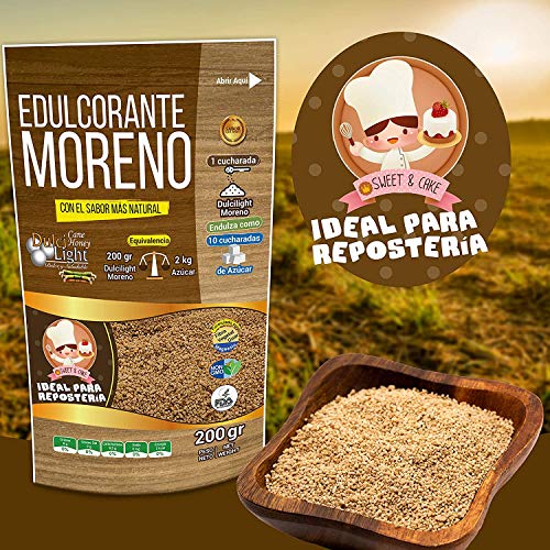 EDULCORANTE MORENO DULCILIGHT |Envase de 200gr |Natural Granulado de caña con Fibra Vegetal |200gr = 2kg de azúcar| Formato Ahorro para Reposteria Premium