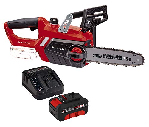 Einhell Motosierra a batería GE-LC 18/25 Li Power X-Change (18 V, ion litio, 25 cm longitud de la hoja, proteccion antirretorno, amortiguador metalico, incl. 4 Ah batería y cargador)