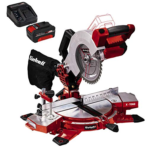 Einhell Tronzadora inalámbrica TE-MS 18/210 Li Power X-Change (18 V, ion litio, 3000 min-1, soportes X-Tend, hoja de sierra de metal duro, láser de precisión y LED, incl. 4 Ah batería y cargador)