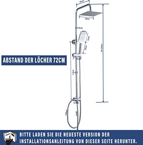 Elbe®Columna ducha sin grifo, con cabezal de ducha cuadrado de 20 cm en acero inoxidable 304