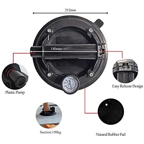 Elevador de ventosa de vacío para trabajo pesado Ticfox, ventosas de vidrio para herramientas de manipulación de elevación de baldosas de granito(with air pressure gauge+plastic box)