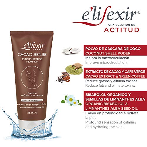 Elifexir Cacao Sense - Exfoliante Corporal, Reductor y Reafirmante. Mejora Luminosidad y Alisamiento. Acción Reductora, Piel Lisa y Aterciopelada. Extracto de Cacao y Café Verde - 200 ml